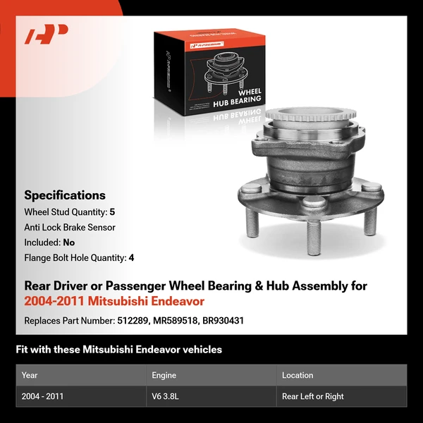 Rear Driver or Passenger Wheel Bearing & Hub Assembly for 2004-2011 Mitsubishi Endeavor