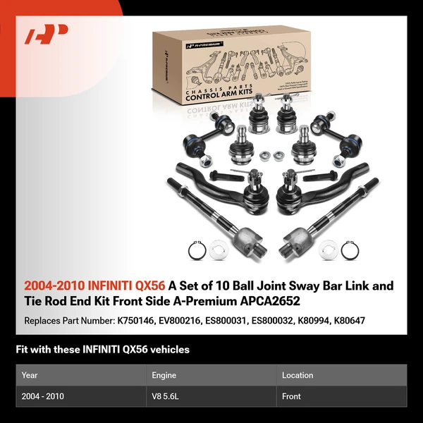 2004-2010 INFINITI QX56 A Set of 10 Ball Joint Sway Bar Link and Tie Rod End Kit Front Side A-Premium APCA2652