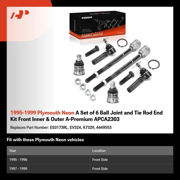 1995-1999 Plymouth Neon A Set of 6 Ball Joint and Tie Rod End Kit Front Inner & Outer A-Premium APCA2303