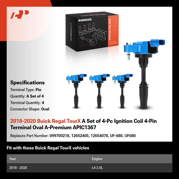 2018-2020 Buick Regal TourX A Set of 4-Pc Ignition Coil 4-Pin Terminal Oval A-Premium APIC1367