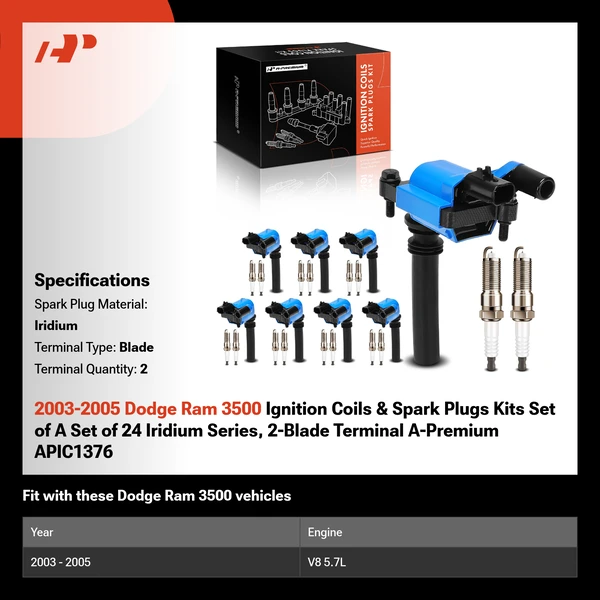 2003-2005 Dodge Ram 3500 Ignition Coils & Spark Plugs Kits Set of A Set of 24 Iridium Series, 2-Blade Terminal A-Premium APIC1376