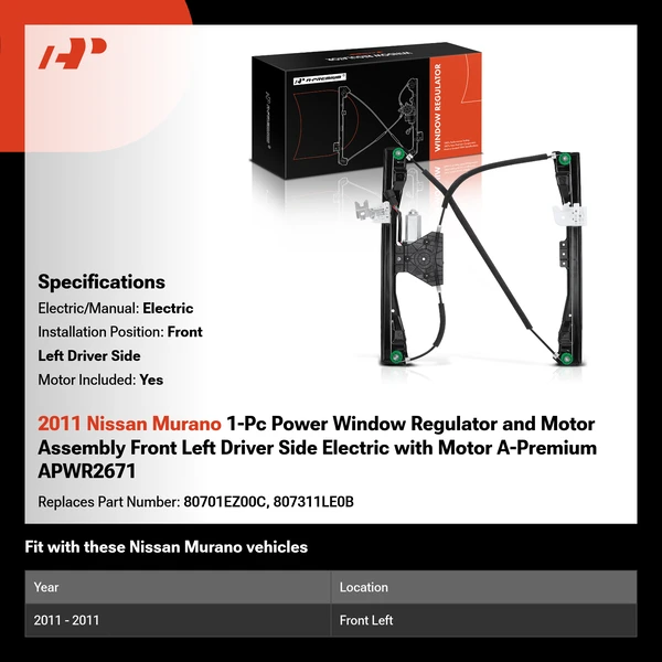 2011 Nissan Murano 1-Pc Power Window Regulator and Motor Assembly Front Left Driver Side Electric with Motor A-Premium APWR2671