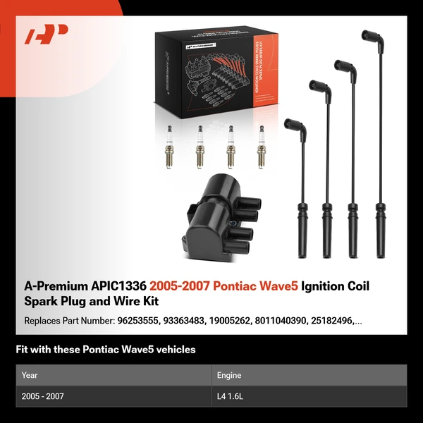 A-Premium APIC1336 2005-2007 Pontiac Wave5 Ignition Coil Spark Plug and Wire Kit