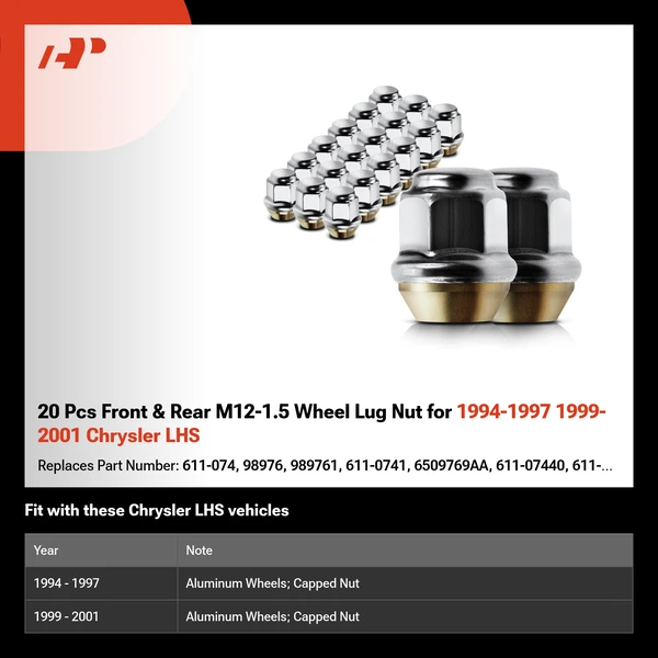 20 Pcs Front & Rear M12-1.5 Wheel Lug Nut for 1994-1997 1999-2001 Chrysler LHS