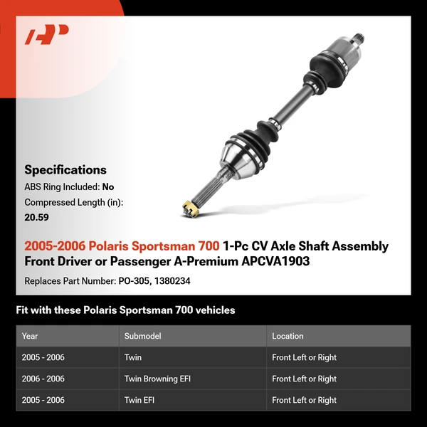 2005-2006 Polaris Sportsman 700 1-Pc CV Axle Shaft Assembly Front Driver or Passenger A-Premium APCVA1903