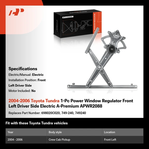2004-2006 Toyota Tundra 1-Pc Power Window Regulator Front Left Driver Side Electric A-Premium APWR2088