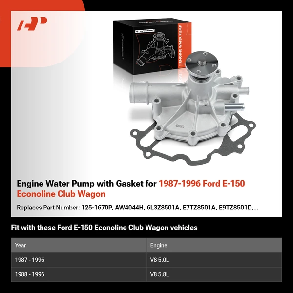 Engine Water Pump with Gasket for 1987-1996 Ford E-150 Econoline Club Wagon