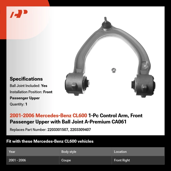 2001-2006 Mercedes-Benz CL600 1-Pc Control Arm, Front Passenger Upper with Ball Joint A-Premium CA061