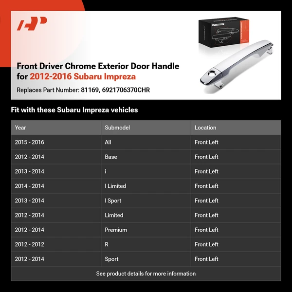 Front Driver Chrome Exterior Door Handle for 2012-2016 Subaru Impreza