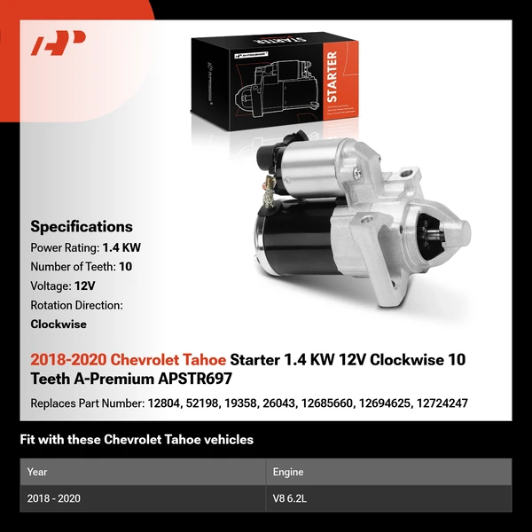 2018-2020 Chevrolet Tahoe Starter 1.4 KW 12V Clockwise 10 Teeth A-Premium APSTR697