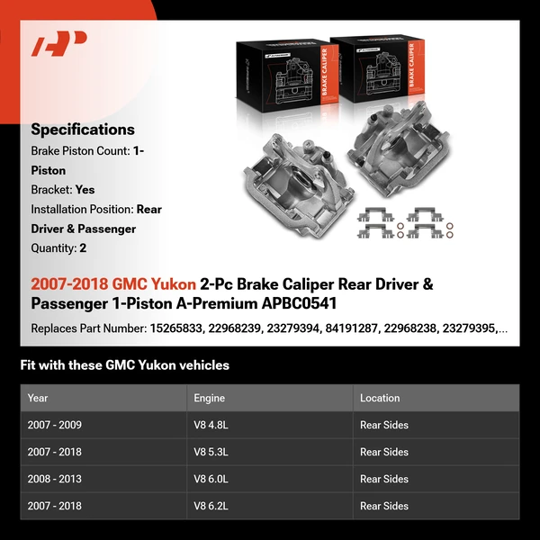 2007-2018 GMC Yukon 2-Pc Brake Caliper Rear Driver & Passenger 1-Piston A-Premium APBC0541