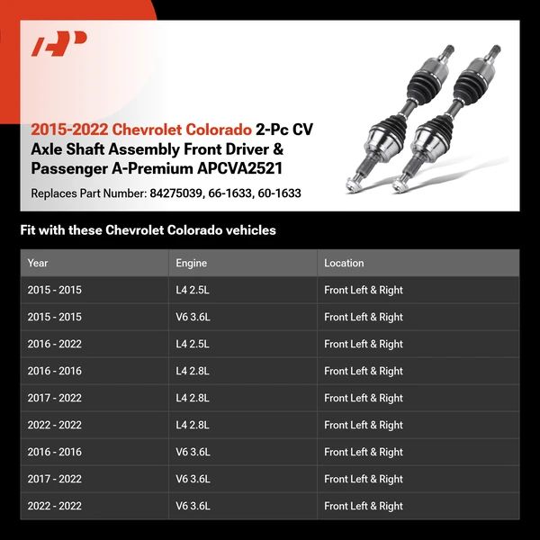 2015-2022 Chevrolet Colorado 2-Pc CV Axle Shaft Assembly Front Driver & Passenger A-Premium APCVA2521