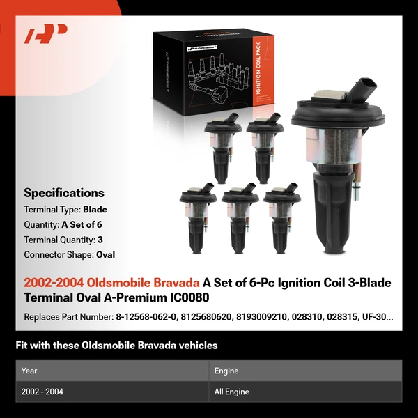 2002-2004 Oldsmobile Bravada A Set of 6-Pc Ignition Coil 3-Blade Terminal Oval A-Premium IC0080