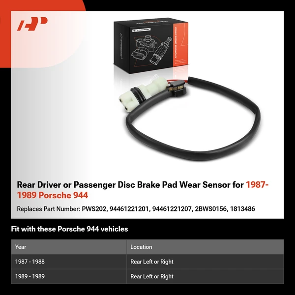 Rear Driver or Passenger Disc Brake Pad Wear Sensor for 1987-1989 Porsche 944