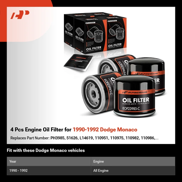 4 Pcs Engine Oil Filter for 1990-1992 Dodge Monaco