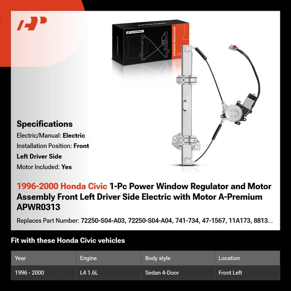 1996-2000 Honda Civic 1-Pc Power Window Regulator and Motor Assembly Front Left Driver Side Electric with Motor A-Premium APWR0313