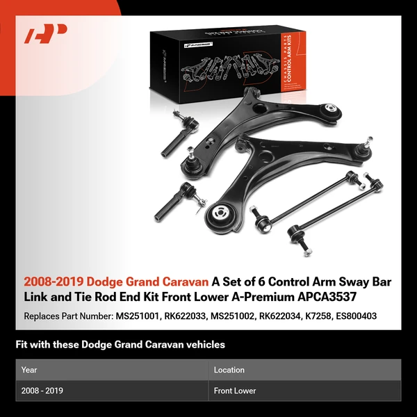 2008-2019 Dodge Grand Caravan A Set of 6 Control Arm Sway Bar Link and Tie Rod End Kit Front Lower A-Premium APCA3537