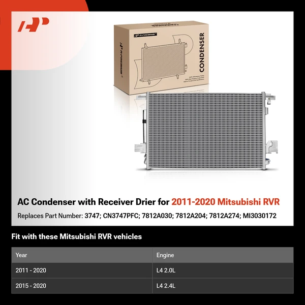 AC Condenser with Receiver Drier for 2011-2020 Mitsubishi RVR