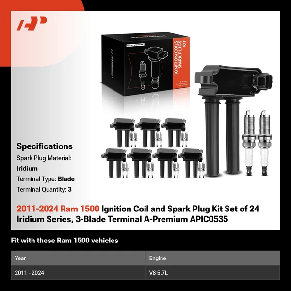 2011-2024 Ram 1500 Ignition Coil and Spark Plug Kit Set of 24 Iridium Series, 3-Blade Terminal A-Premium APIC0535