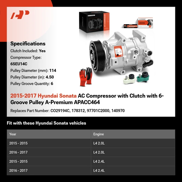 2015-2017 Hyundai Sonata AC Compressor with Clutch with 6-Groove Pulley A-Premium APACC464