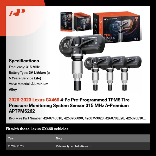 2020-2023 Lexus GX460 4-Pc Pre-Programmed TPMS Tire Pressure Monitoring System Sensor 315 MHz A-Premium APTPMS262