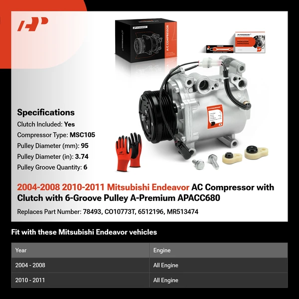 2004-2008 2010-2011 Mitsubishi Endeavor AC Compressor with Clutch with 6-Groove Pulley A-Premium APACC680