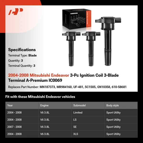 2004-2008 Mitsubishi Endeavor 3-Pc Ignition Coil 3-Blade Terminal A-Premium IC0069