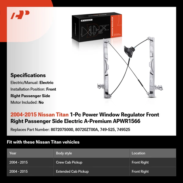 2004-2015 Nissan Titan 1-Pc Power Window Regulator Front Right Passenger Side Electric A-Premium APWR1566