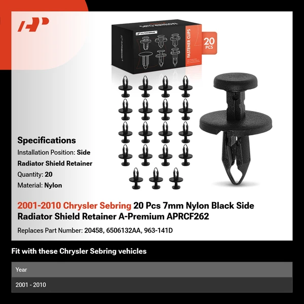 2001-2010 Chrysler Sebring 20 Pcs 7mm Nylon Black Side Radiator Shield Retainer A-Premium APRCF262