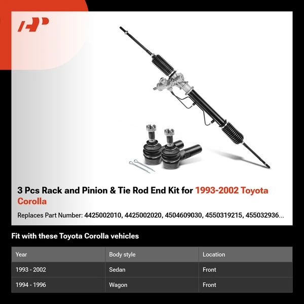 3 Pcs Rack and Pinion & Tie Rod End Kit for 1993-2002 Toyota Corolla