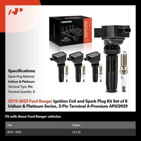 2019-2023 Ford Ranger Ignition Coil and Spark Plug Kit Set of 8 Iridium & Platinum Series, 3-Pin Terminal A-Premium APIC0929