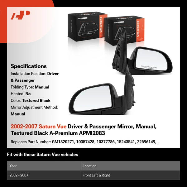 2002-2007 Saturn Vue Driver & Passenger Mirror, Manual, Textured Black A-Premium APMI2083