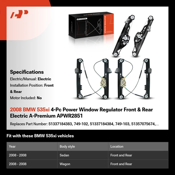2008 BMW 535xi 4-Pc Power Window Regulator Front & Rear Electric A-Premium APWR2851