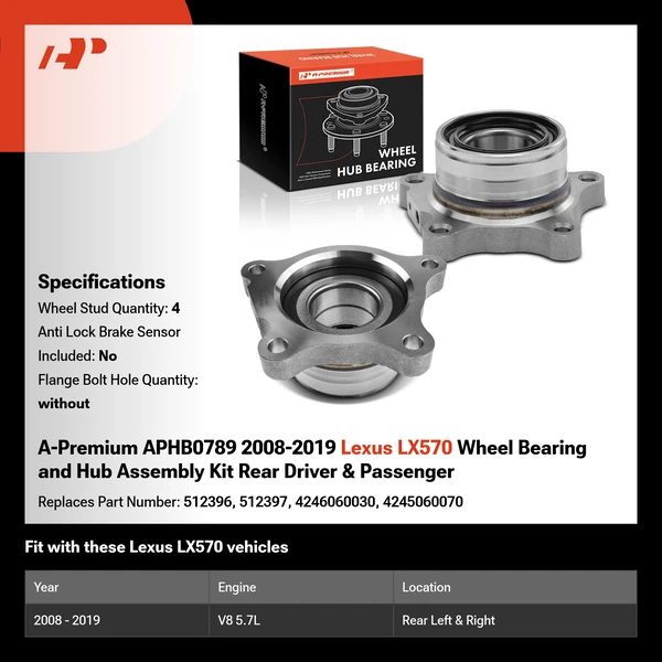A-Premium APHB0789 2008-2019 Lexus LX570 Wheel Bearing and Hub Assembly Kit Rear Driver & Passenger