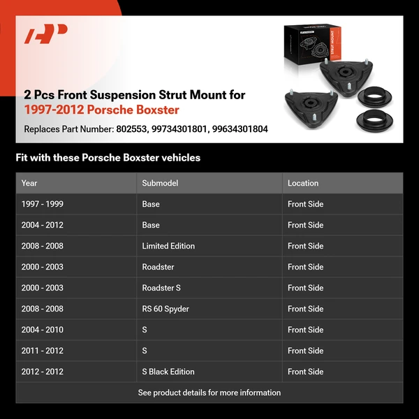 2 Pcs Front Suspension Strut Mount for 1997-2012 Porsche Boxster