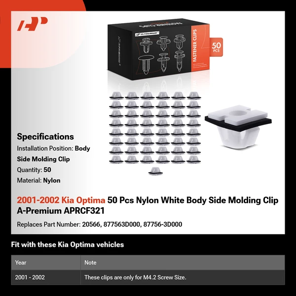 2001-2002 Kia Optima 50 Pcs Nylon White Body Side Molding Clip A-Premium APRCF321