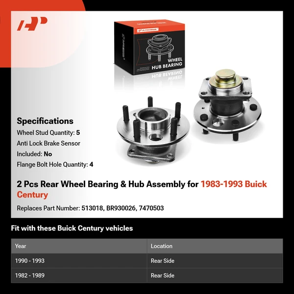 2 Pcs Rear Wheel Bearing & Hub Assembly for 1983-1993 Buick Century