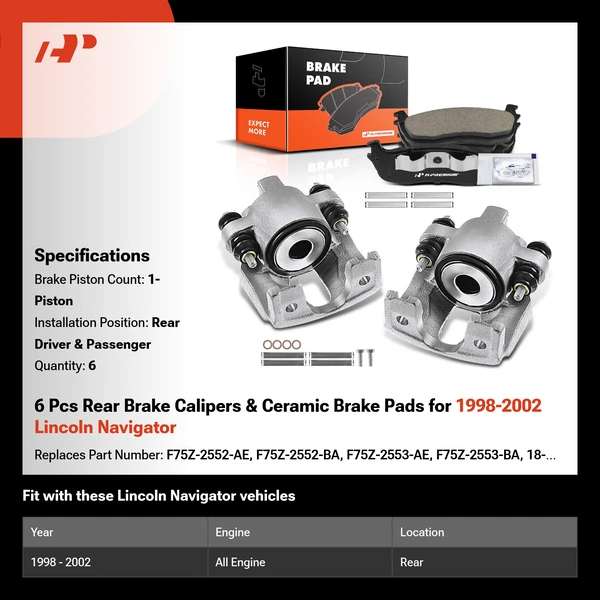 6 Pcs Rear Brake Calipers & Ceramic Brake Pads for 1998-2002 Lincoln Navigator
