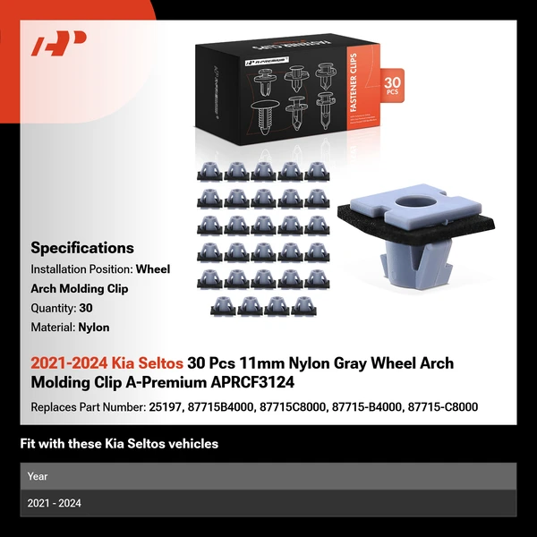 2021-2024 Kia Seltos 30 Pcs 11mm Nylon Gray Wheel Arch Molding Clip A-Premium APRCF3124