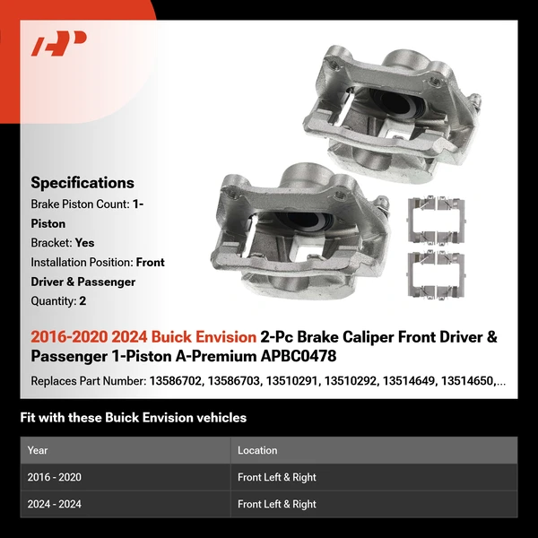 2016-2020 2024 Buick Envision 2-Pc Brake Caliper Front Driver & Passenger 1-Piston A-Premium APBC0478