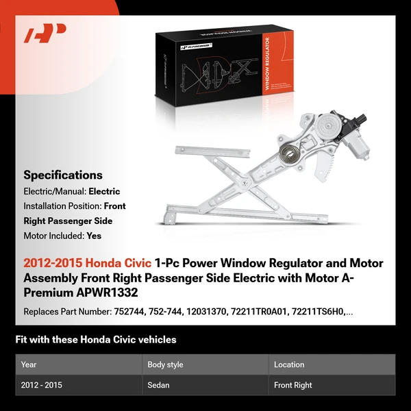 2012-2015 Honda Civic 1-Pc Power Window Regulator and Motor Assembly Front Right Passenger Side Electric with Motor A-Premium APWR1332