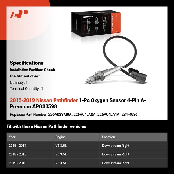 2015-2019 Nissan Pathfinder 1-Pc Oxygen Sensor 4-Pin A-Premium APOS0598