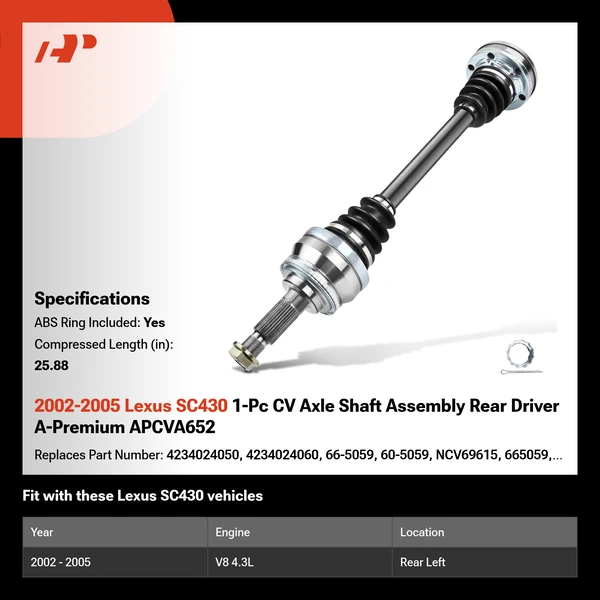 2002-2005 Lexus SC430 1-Pc CV Axle Shaft Assembly Rear Driver A-Premium APCVA652