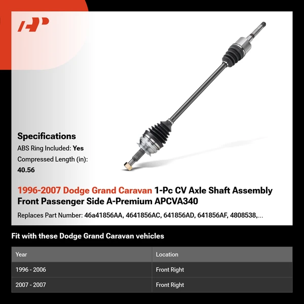 1996-2007 Dodge Grand Caravan 1-Pc CV Axle Shaft Assembly Front Passenger Side A-Premium APCVA340