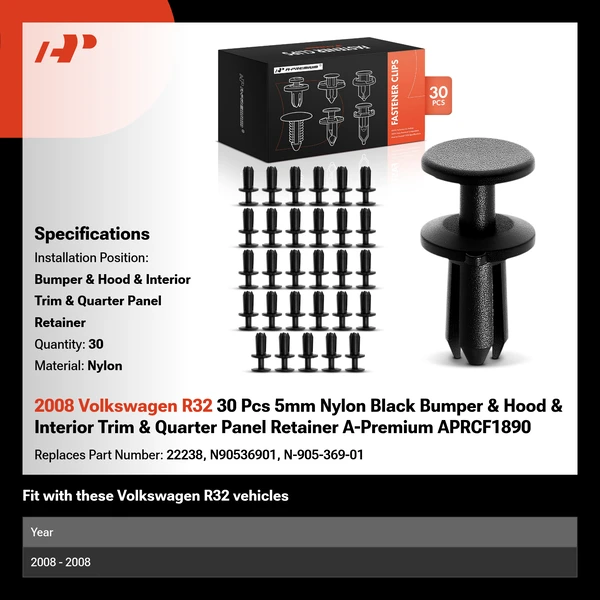 2008 Volkswagen R32 30 Pcs 5mm Nylon Black Bumper & Hood & Interior Trim & Quarter Panel Retainer A-Premium APRCF1890