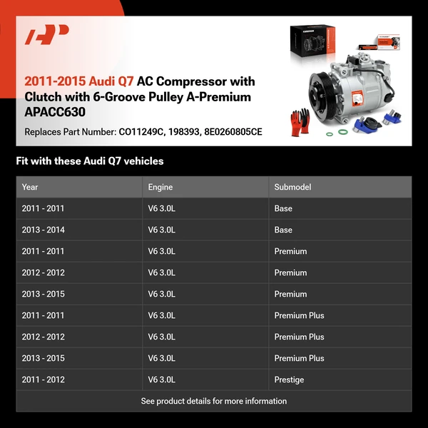 2011-2015 Audi Q7 AC Compressor with Clutch with 6-Groove Pulley A-Premium APACC630