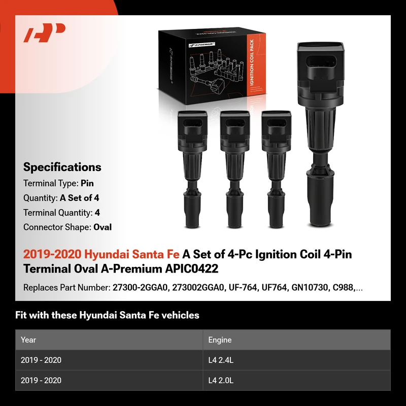 2019-2020 Hyundai Santa Fe A Set of 4-Pc Ignition Coil 4-Pin Terminal Oval A-Premium APIC0422