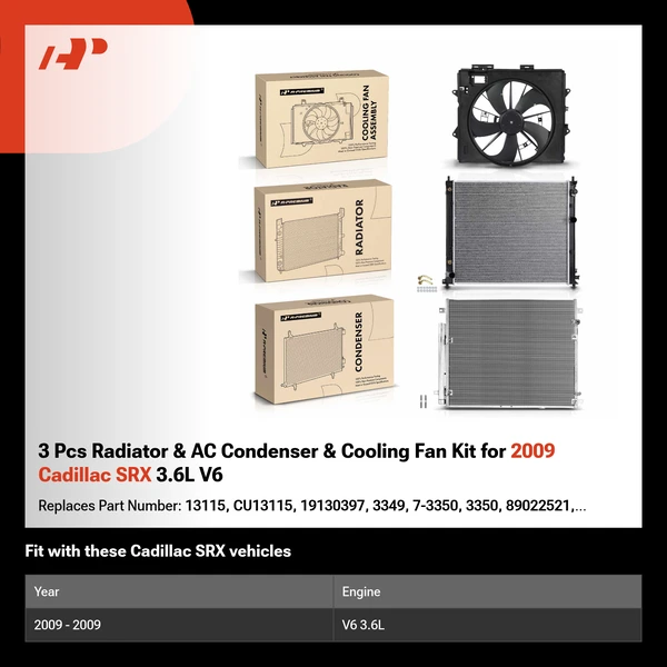 3 Pcs Radiator & AC Condenser & Cooling Fan Kit for 2009 Cadillac SRX 3.6L V6