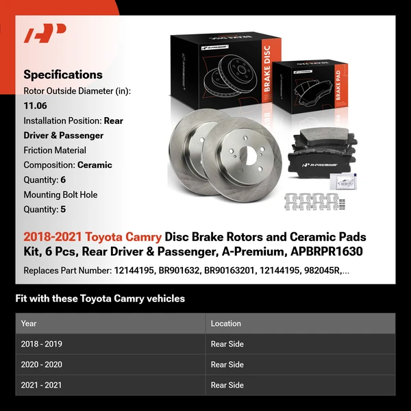 2018-2021 Toyota Camry Disc Brake Rotors and Ceramic Pads Kit, 6 Pcs, Rear Driver & Passenger, A-Premium, APBRPR1630