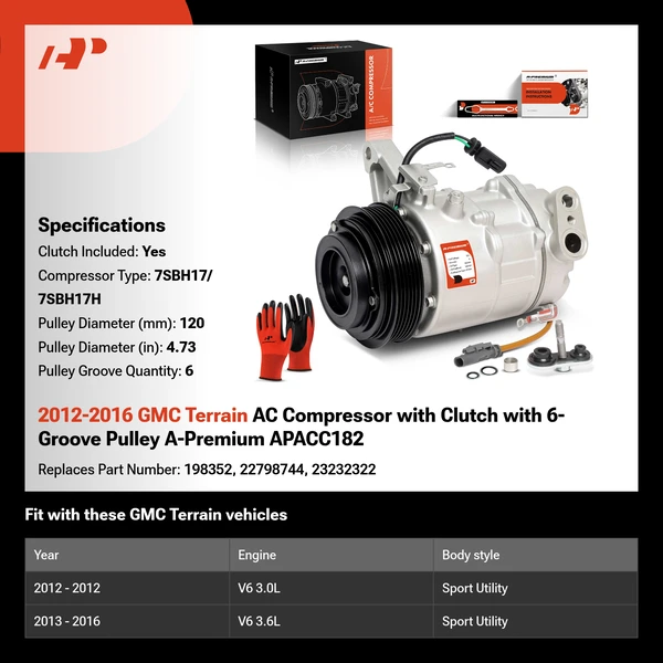 2012-2016 GMC Terrain AC Compressor with Clutch with 6-Groove Pulley A-Premium APACC182
